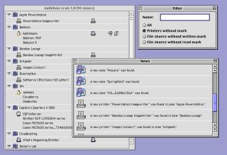 A screenshot of a MacOS 9 application, showing a Filter dialog with the option Printers without mark checked, and a News dialog showing some new zones and printers.