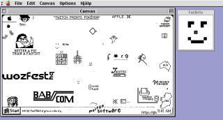 A MacOS 9 screenshot of a pixel canvas with a bunch of doodles. In the bottom left is a start menu