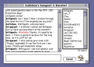 A Macintosh System 7 chat window with 19 users online