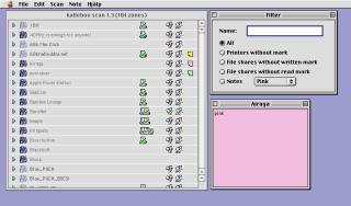 Screenshot of a MacOS 9 program with a pink note window that says “pink” and a filter window that lets you filter on colors