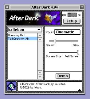 A screenshot of After Dark running in MacOS 9 showing a Module named “TalkCrawler AD” with options for style, speed and screen size.