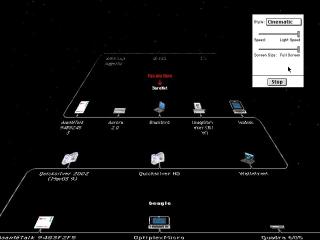 A screenshot of a screensaver with a network diagram in icon form that is scrolling into the distance in the style of a Star Wars movie intro crawl