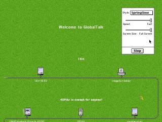 A screenshot of a screensaver of a network scrolling up the screen over grass with flowers