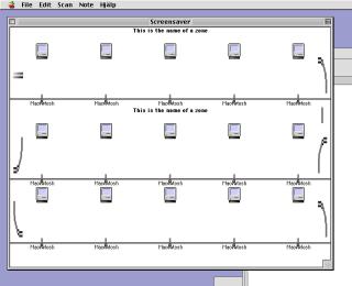 A screenshot of a MacOS 9 program. There is a grid of classic Mac icons, generic labels “This is the name of a zone” and “Macintosh” and grey lines randomly going everywhere. Everything is horribly misaligned.
