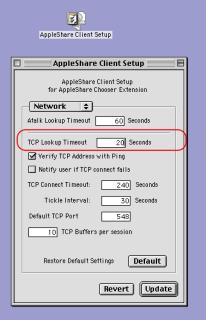 AppleShare Client Setup with “TCP Lookup Timeout” set to 20 seconds