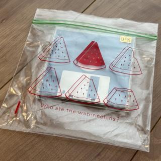 A floppy disk in a zip loc baggieThe baggie has a drawing of 6 watermelon sliders, of which 5 have bites taken out of them.At the bottom it says “Who are the watermelons?”