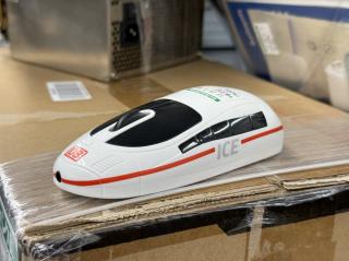 A wireless mouse shaped like a white high speed train with a DB logo on front and ICE written on the side