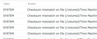 A screenshot of a tableUserEventSYSTEMChecksum mismatch on file [/volume2/Time MachinSYSTEMChecksum mismatch on file [/volume2/Time MachinSYSTEMChecksum mismatch on file [/volume2/Time MachinSYSTEMChecksum mismatch on file [/volume2/Time MachinSYSTEMChecksum mismatch on file [/volume2/Time Machin