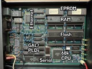 PCB with parts marked: EPROM, RAM, Flash, 68k CPU, Ethernet, GAL/PLDs, Serial
