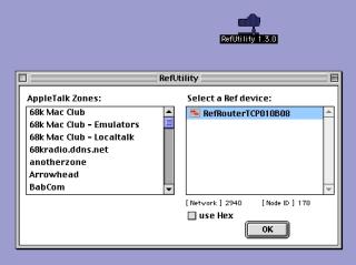 MacOS 9 screenshot of “RefUtility” showing a list of AppleTalk zones on the left side and “Select a Ref device” on the right, showing a RefRouterTCP010B08 in the list