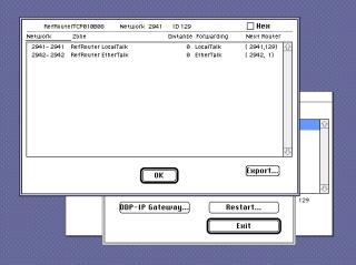 System 7 screenshot of a dialogNetwork Zone Distance Forwarding Next Router2941-2941 RefRouter LocalTalk 0 LocalTalk (2941,129)2942-2942 RefRouter EtherTalk 0 EtherTalk (2942, 1)Export...OK