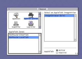 System 7 screenshot of the Chooser, showing only our 2 AppleTalk zones, and an AppleTalk ImageWriter.