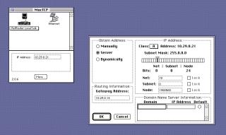 MacTCP window showing LocalTalk selected on the zone RefRouter LocalTalk, and an IP Address 10.29.0.21 assigned
