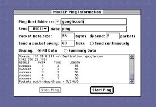 MacTCP Ping pinging google 5 times successfully