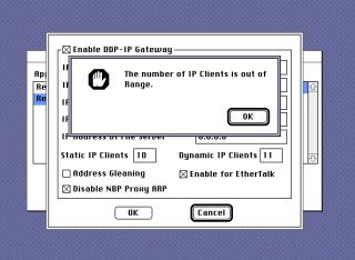 Screenshot of a dialog that says “The number of IP Clients is out of range”. Behind the IP config dialog can be seen with 10 static ip clients and 11 dynamic ip clients.