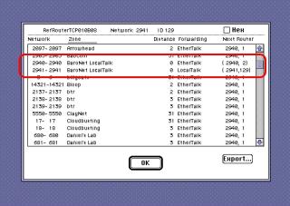 The same screenshot with a list of networks from before but 2940 and 2941 both being named “BaroNet LocalTalk” is highlighted.