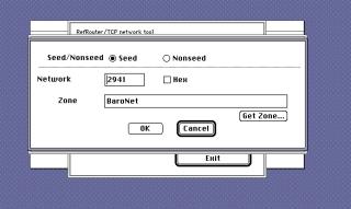 The LocalTalk Config dialog again, now with the zone named BaroNet