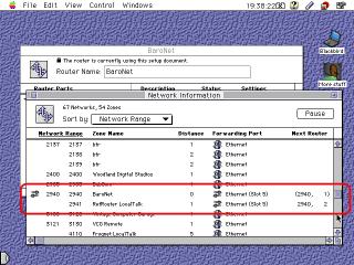 Screenshot of Apple Internet Router showing networks 2940 BaroNet and 2941 RefRouter LocalTalk